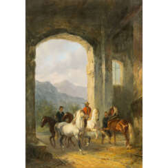 GRIGORIEV ? (russ. Künstler/in 20. Jahrhundert), "Reiter und Pferdeführer mit Pferden an einem Burgtor",