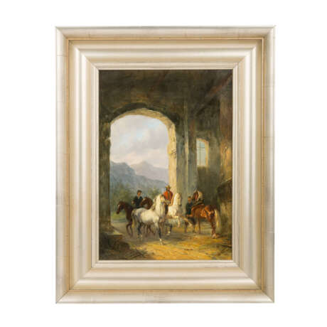 GRIGORIEV ? (russ. Künstler/in 20. Jahrhundert), "Reiter und Pferdeführer mit Pferden an einem Burgtor", - фото 2