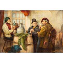 HARTMANN, C. (Maler/in 19./20. Jahrhundert), "Drei Herren um ein Weinfass in Wirtsstube sitzend",