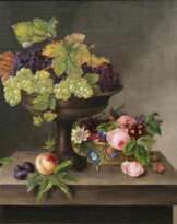 Stilleben mit Blütenkorb und Früchten in einer Schale