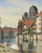 Nürnberg, Blick von der Insel Schütt zur Synagoge