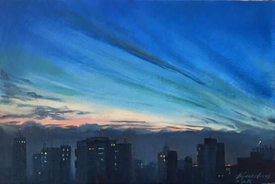 “City at dusk” Canvas Oil paint Impressionist Landscape painting 2015 - photo 1