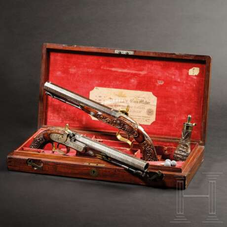 Ein Paar Luxus-Perkussionspistolen im Kasten, Joseph Charles Reilly, London, um 1850 - Foto 1