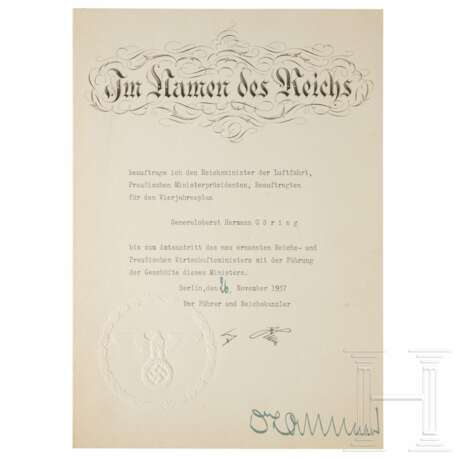 Urkunde Hitlers mit der Beauftragung Görings mit der Führung der Geschäfte des Preußischen Wirtschaftsministers vom 26. November 1937 - Foto 1
