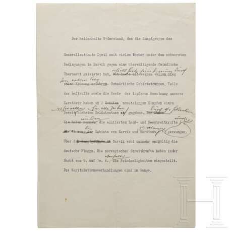 Entwurf der Sondermeldung des OKW "Narvik in deutscher Hand" vom 10.6.1940, mit handschriftlichen Korrekturen Hitlers - photo 1