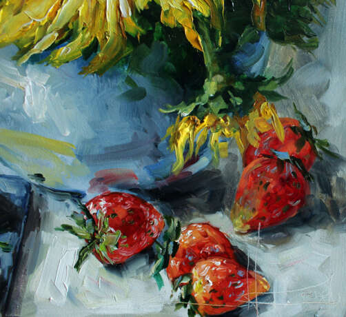 “Strawberries and sunflowers” Oil paint Impressionist Still life 2020 - photo 2