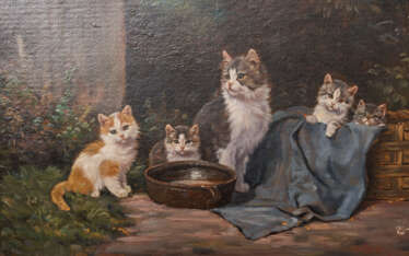 KÖGL, BENNO (Greding 1892-1973 München), "Katzenmutter mit vier Jungen vor dem Haus",