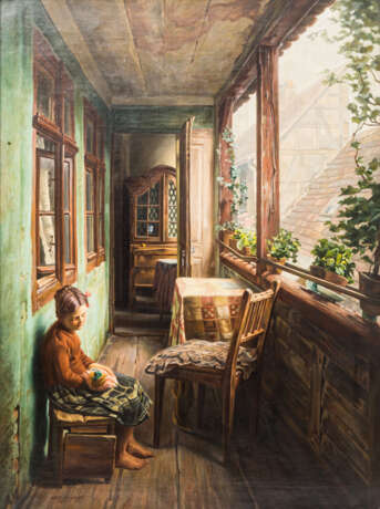 LINDNER, WILHELM (1887-1965, deutscher Künstler, tätig in Berlin u.a.), "Mädchen mit Puppe auf dem Balkon", Alt-Berlin, - фото 1