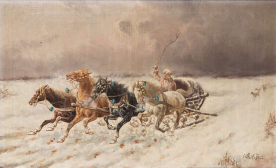 STOILOFF, C., wohl Constantin Stoiloff-Baumgartner (1850-1924), "Vierspänniger Pferdeschlitten, von Wölfen gejagt", - Foto 1