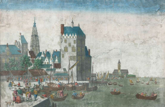 Guckkastenblatt mit Fischmarktszene vor dem Hintergrund der Burg Het Steen in Antwerpen, 18. Jahrhundert - Foto 1