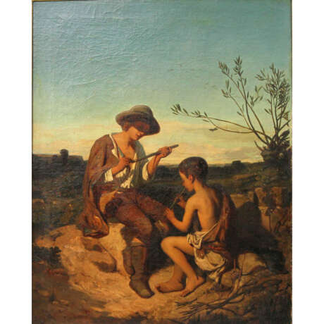 BRION, GUSTAVE (Rothau/Vogesen 1824-1877 Paris), "Zwei Hirtenknaben mit Flöten in felsiger, mediterraner Landschaft", - Foto 1