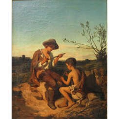BRION, GUSTAVE (Rothau/Vogesen 1824-1877 Paris), "Zwei Hirtenknaben mit Flöten in felsiger, mediterraner Landschaft",