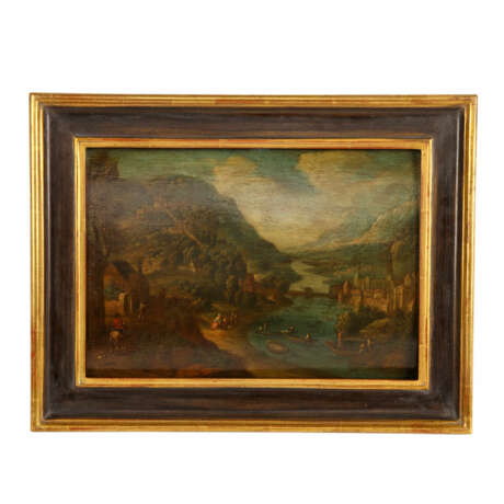 Deutscher Maler des frühen 18. Jahrhundert., "Gebirgslandschaft mit Städten zu beiden Seiten des Flusses", - Foto 2