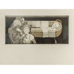PLATTNER, KARL (1919-1986, Südtiroler Künstler), "Drei Frauen vor einem Kind in der Wiege",