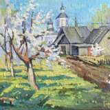 “Apple bloom” Cardboard Oil paint Realist Landscape painting 2020 - photo 1
