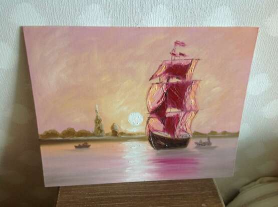 “Sailing boat in Pink Sunset” Canvas Oil paint Impressionist Marine 2014 - photo 1
