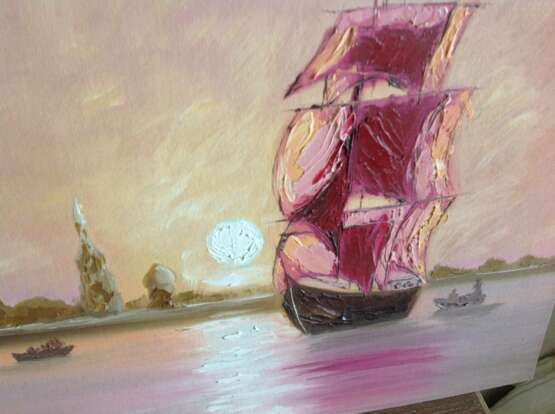 “Sailing boat in Pink Sunset” Canvas Oil paint Impressionist Marine 2014 - photo 3