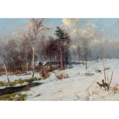 SCHENKER, JACQUES (1854-1927), "Winterlandschaft mit Häusern unter Birken",
