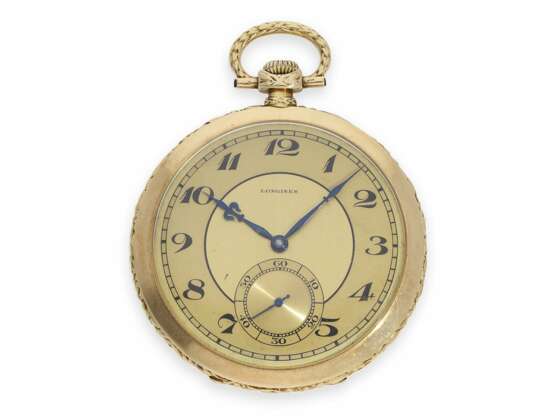 Taschenuhr: äußerst elegante und hochfeine Art déco Frackuhr in der sehr seltenen Chronometerqualität "Extra", Longines No. 4433846, verkauft 1928 nach Wien, mit Stammbuchauszug - photo 1