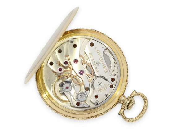 Taschenuhr: äußerst elegante und hochfeine Art déco Frackuhr in der sehr seltenen Chronometerqualität "Extra", Longines No. 4433846, verkauft 1928 nach Wien, mit Stammbuchauszug - photo 3