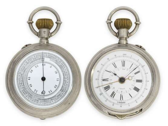 Taschenuhr: Rarität, doppelseitiger silberner Militär-Chronograph, zur Bestimmung der Entfernung von Granateinschlägen, vermutlich Frankreich um 1915 - photo 1