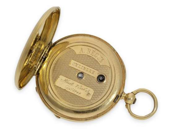 Taschenuhr/Anhängeruhr: feine Gold/Emaille-Damen-Lepine mit Diamantbesatz und dazugehöriger Goldchatelaine mit Schlüssel und Petschaft, A. Becus Paris, No.5768, ca.1870 - Foto 5