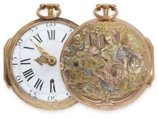 Pocket watch: a magnificent German Rococo Spindeluhr with 4-colors-gold case and a very complex and rare repoussé technology-figure scene, Johann Haffner, Stuttgart, CA. 1760