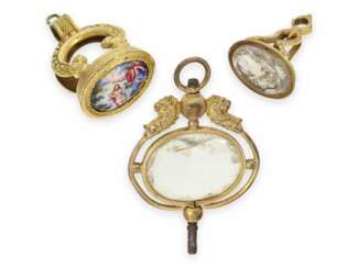 Taschenuhrenschlüssel/Petschaft: 3 sehr seltene Schlüssel/Petschaften für Spindeluhren, um 1820, Bergkristall und Emaillemalerei