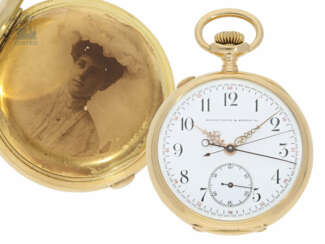 Taschenuhr: hochfeiner, kleiner Chronograph Rattrapante mit Gold/Emaille-Gehäuse, signiert Bailey, Banks & Biddle, No.119661/251635, vermutlich Patek Philippe , ca.1904