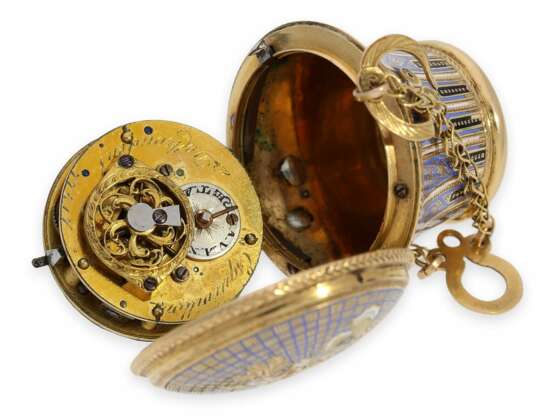 Anhängeuhr/Formuhr: extrem rare Gold/Emaille-Formuhr mit Chatelaine "Der Henkelkorb", Frères Esquivillon & Dechoudens, ca. 1810 - photo 8