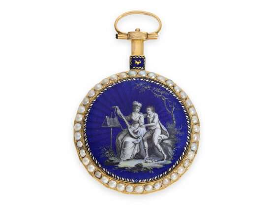 Taschenuhr: museale, hochfeine Gold/Emaille-Spindeluhr mit Perlbesatz und Gold/Emaille-Chatelaine, Frankreich um 1790 - photo 2