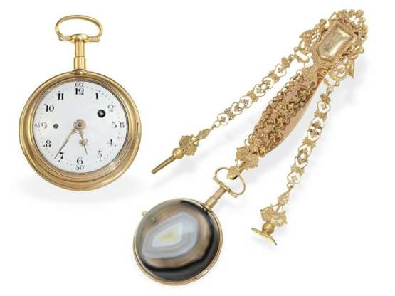 Taschenuhr: museale, sehr hochwertige Gold/Achat-Taschenuhr mit Repetition und Chatelaine, Frankreich um 1770 - Foto 1