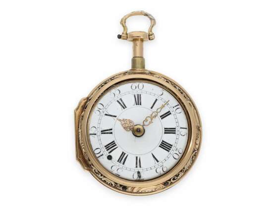 Taschenuhr: hochfeine 18K Gold Repoussé Doppelgehäuse-Spindeluhr mit Schlagwerk auf Glocke und à Toc, bedeutender Genfer Uhrmacher Gédéon-François Esquivillon(1717-1799), Genf ca.1740 - фото 1