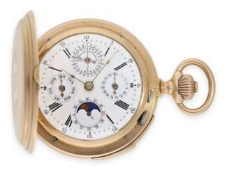 Taschenuhr: hochkomplizierte astronomische Goldsavonnette mit ewigem Kalender, Mondphase und Mondalter, Minutenrepetition, Droz-Jeannot Fils No.26585, ca. 1890