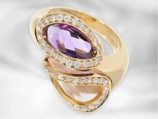 Ring: interessanter Roségoldring mit Amethyst, Rosenquarz und Brillanten, im ungewöhnlichen Design, 18K Gold, Superoro, Italien