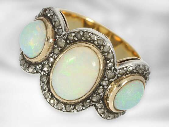 Ring: sehr schöner antiker Opalring mit Diamantrosen, 14K Gelbgold und Silber - Foto 1