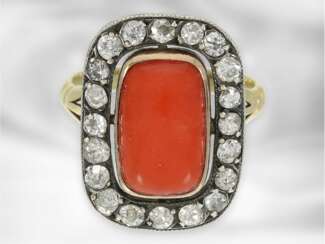 Ring: sehr interessanter antiker Korallring mit Altschliff-Diamanten, insgesamt ca. 0,9ct, 14K Gold und Silber