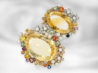 Anhänger: opulenter Citrinanhänger mit Farbsteinen und Diamanten, 14K Weißgold, italienische Golschmiedearbeit