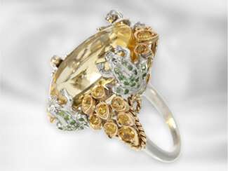 Ring: großer fantasievoll gestalteter Citrinring mit Smaragden und gelben Farbsteinen, 14K Gold, ungetragen