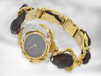 Armbanduhr: goldene, sehr hochwertige und abstrakte vintage Designer-Damenuhr aus dem Hause Julia Plana, mit Eisenerz und Brillanten besetzt, Handarbeit, 18K Gold