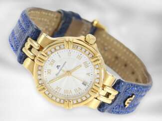 Armbanduhr: moderne goldene Damenuhr der Marke Maurice Lacroix "Calipso" mit Brillantbesatz, 18K Gelbgold