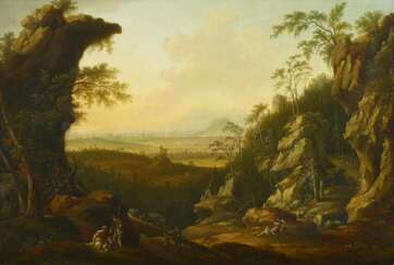 Italian master view in a wide river valley with the Silhouette of a city