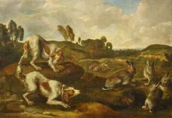 Niederländischer Meister, Jagdhunde mit Hasen