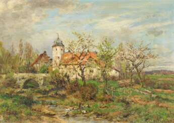 Hartung, Heinrich, 1851 Koblenz - 1919 Koblenz, Landschaft mit Dorfkirche im Frühjahr