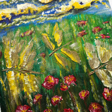 „Mohnblumen (poppies)“ Naturholz Acrylfarbe Abstractionismus Landschaftsmalerei 2020 - Foto 2