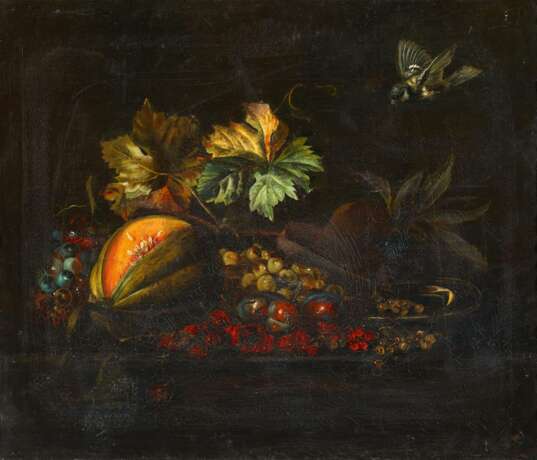 Monogrammist M.R., Stillleben mit Melone, Trauben und einem Vögelchen - Foto 1