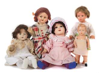 5 Puppen 1 x ''Minerva'', Celluloid, blaue Augen, Haartolle, gemarkt, H
