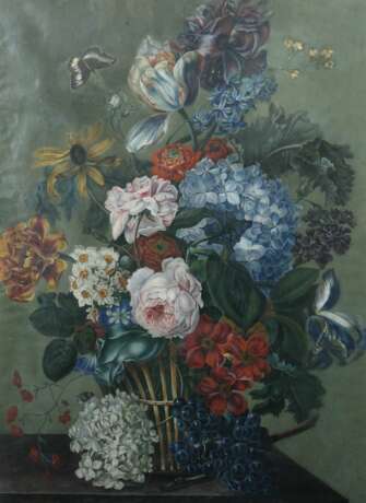 Stilllebenmaler des 19./20. Jahrhundert ''Üppiges Blumenbouquet mit Schmetterlingen'' - Foto 1