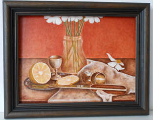 "Still life with flowers, lemon and silverware"