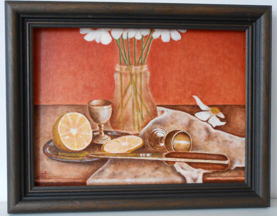 “Still life with flowers lemon and silverware” Canvas Oil paint Still life 2013 - photo 1